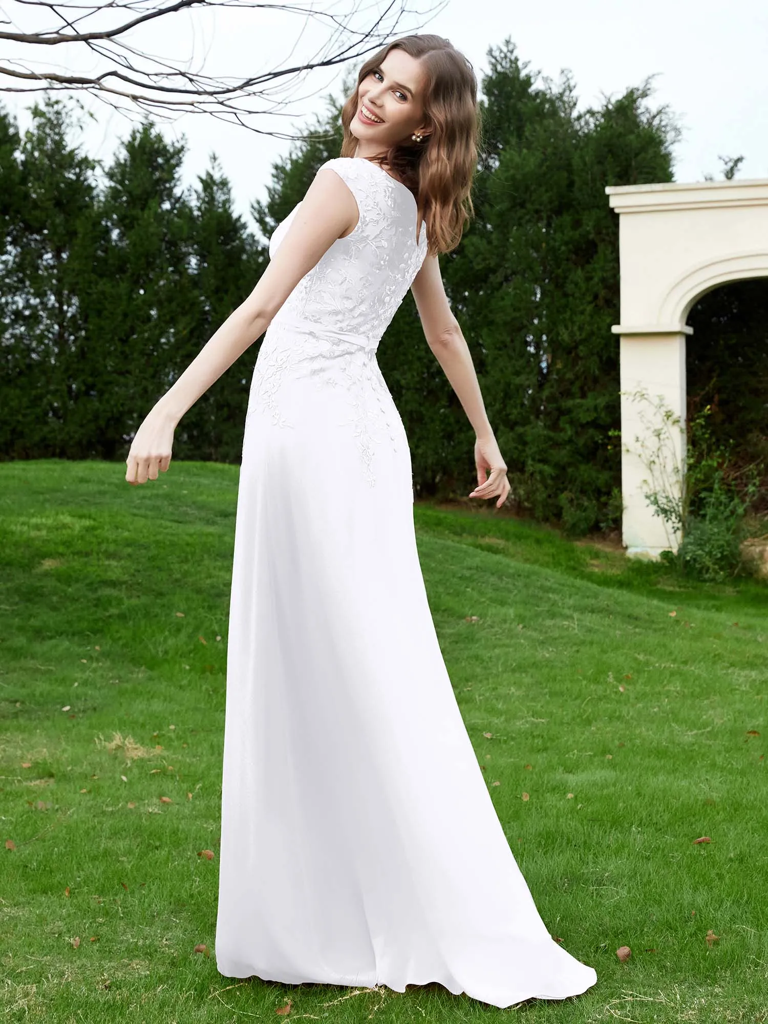 A-Line Chiffon Dress with Flower Appliqued White Plus Size