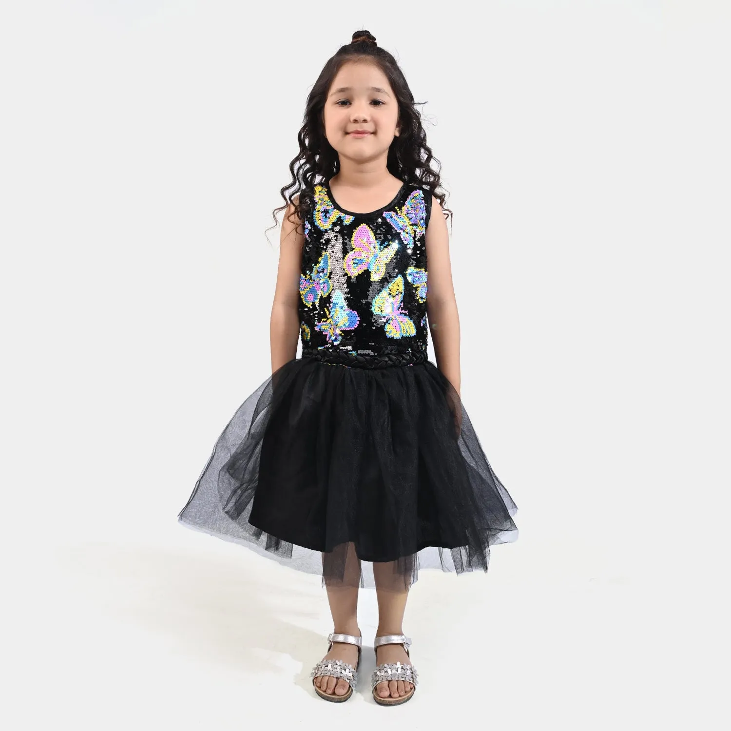 Girls Fancy Frock Sequins ButterFly-BLACK
