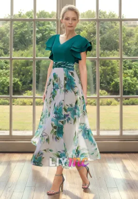 M1073 - Trumpet Mother of the Bride Dress Elegant Party V Neck Wedding Guest Ankle Length Chiffon M1073 - Trumpet Mother of the Bride Dress Elegant Party V Neck Wedding Guest Ankle Length Chiffon
