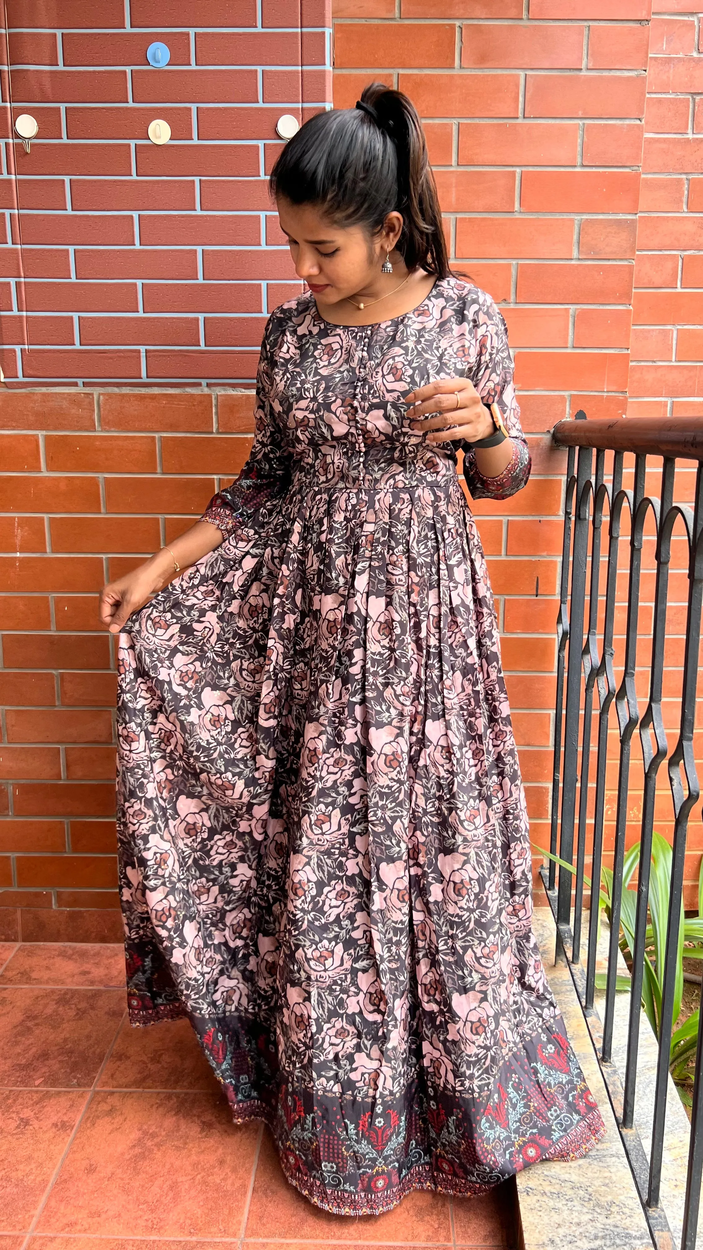 Pure muggu silk rose floral embroidery gown