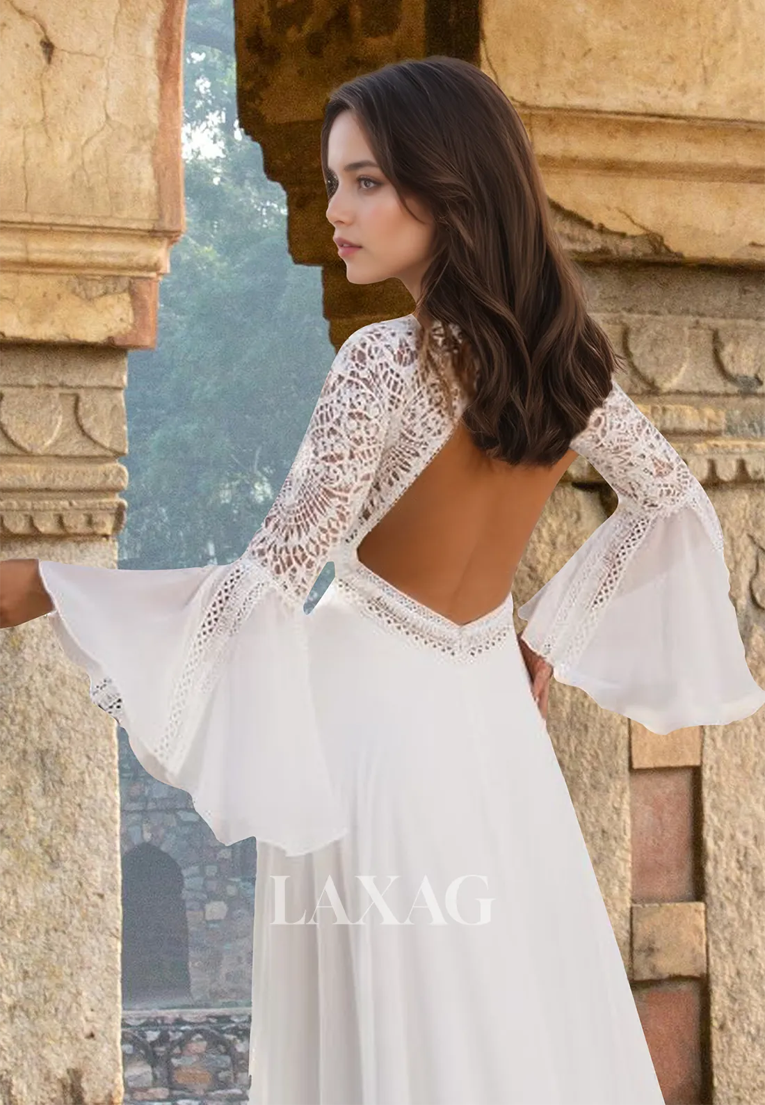 Scoop-Neck Long-Sleeves Chiffon Bride Gowns Lace Applique Pleated A-Line Wedding Dress with Train