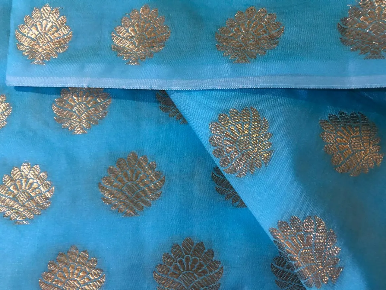 Silk Brocade fabric with Metallic gold motif Jacquard  44" wide  available in 5 colors DARK BOTTLE GREEN/ GREEN/ GOLDEN BEIGE BLUE and KINGFISHER BLUE BRO928