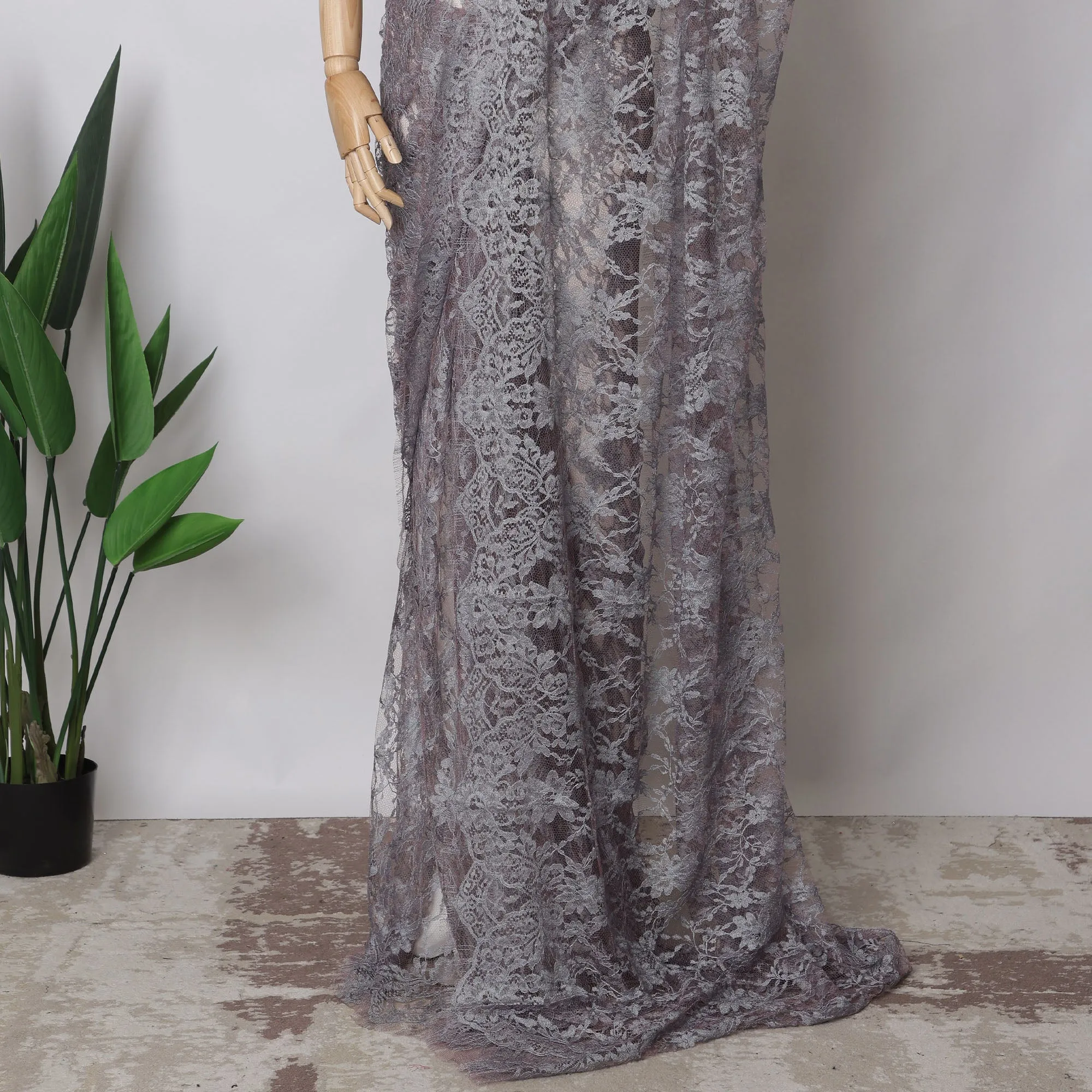 Steel Grey, Pink Two-Tone French Chantilly Lace Fabric, 5.5 Meters X 110 Cms, Premium Lace-D21202