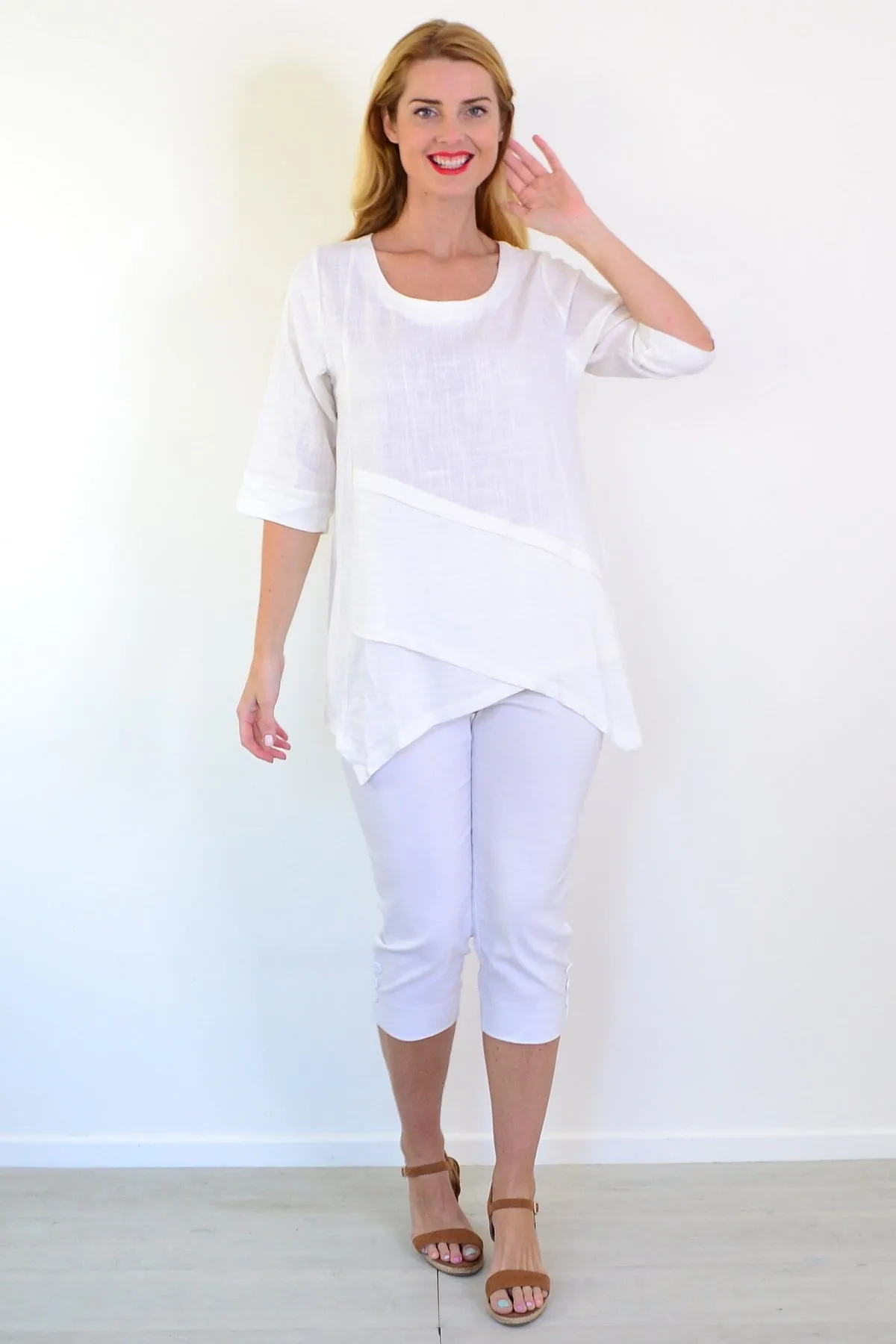 White Layered Linen Blend Tunic Top