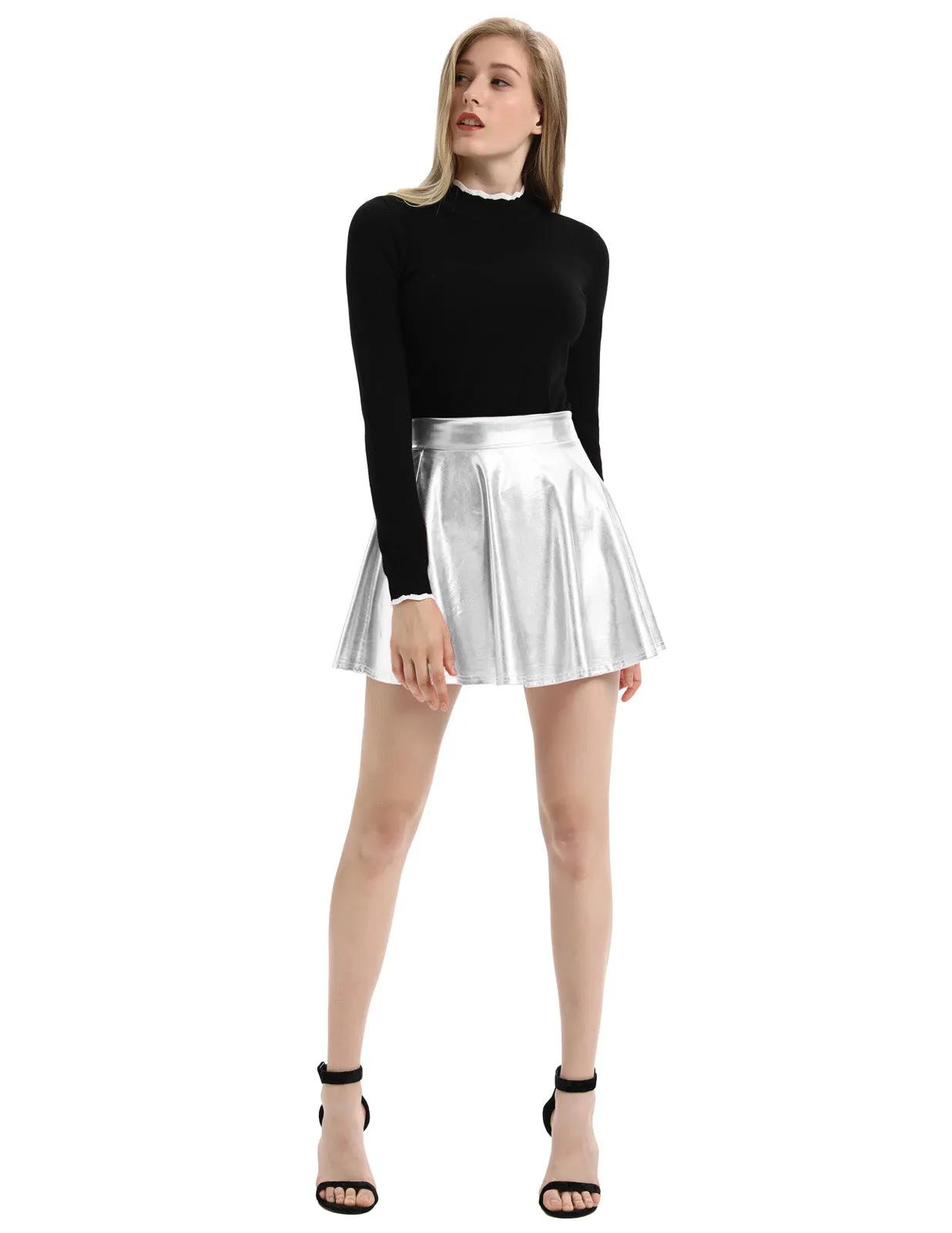 Women's Shiny Metallic Skater Skirt Fashion Flared Mini Skirt