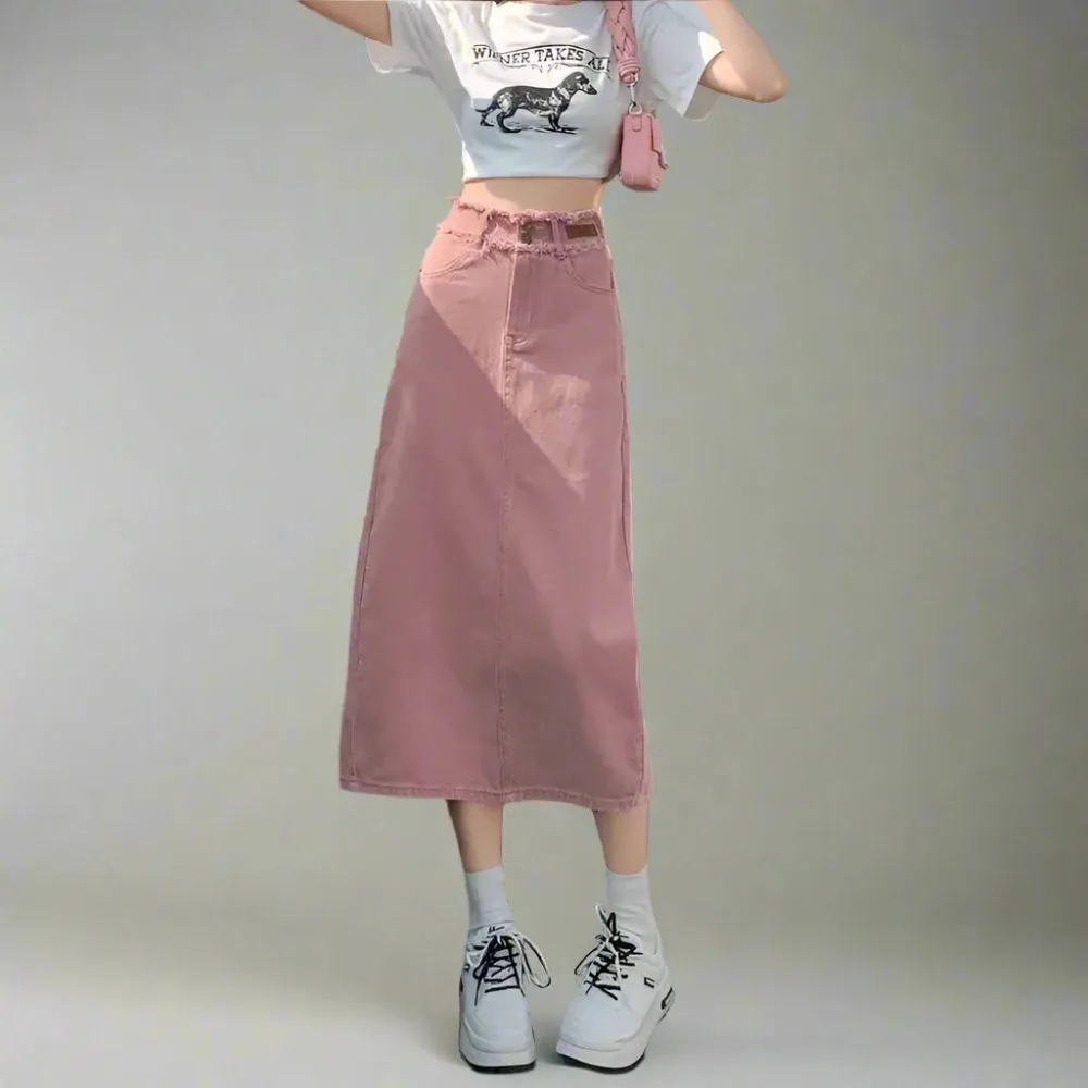 Y2K Denim Midi Skirt with Split Hem – Acubi Aesthetic
